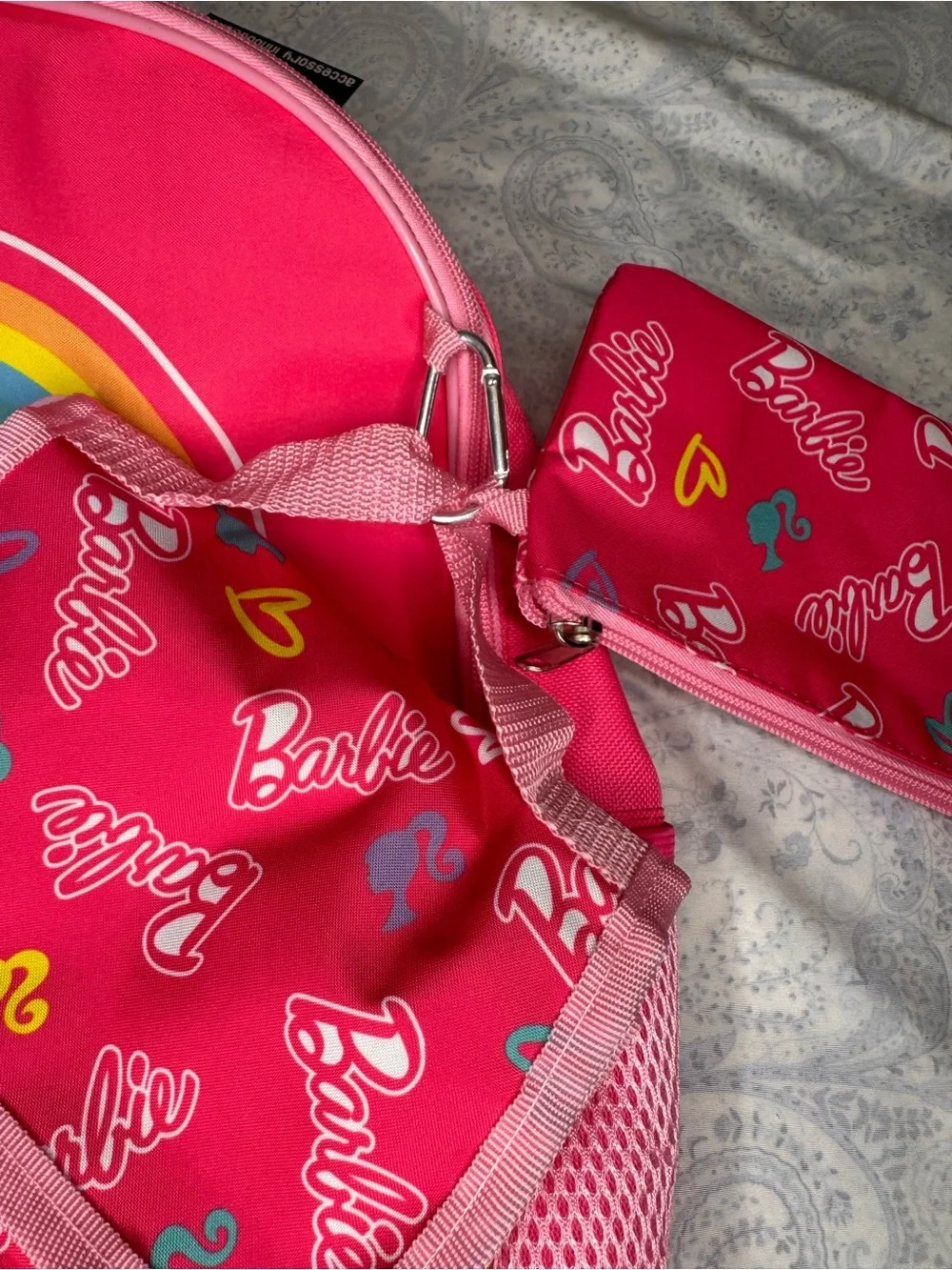 Barbie Hot Pink 5 piece Backpack Set- Matching Pouch, Lunch Bag, Bottle, Clip